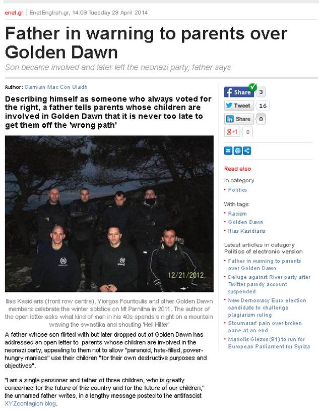 Ελευθεροτυπία Web, 29/04/2014, Damian Mac Con Uladh, Greek father warns parents over Golden Dawn