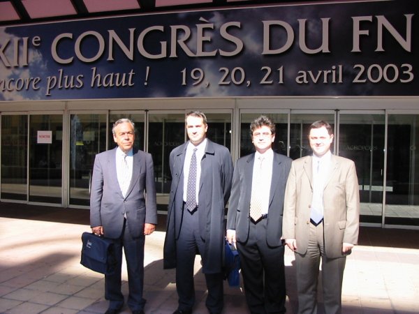 Από αριστερά, Δημήτρης Δημόπουλος, Μάκης Βορίδης, Νίκος Νικολαΐδης, Χρήστος Χαρίτος, 19/04/2003, Συνέδριο Λεπέν.