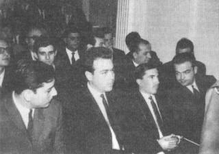 Εκδήλωση του Κ4Α το 1966 στη Θεσσαλονίκη. Από αριστερά: Σπύρος Μανωλόπουλος, Δημήτρης Δημόπουλος, Κώστας Πλεύρης και Ανδρέας Δενδρινός