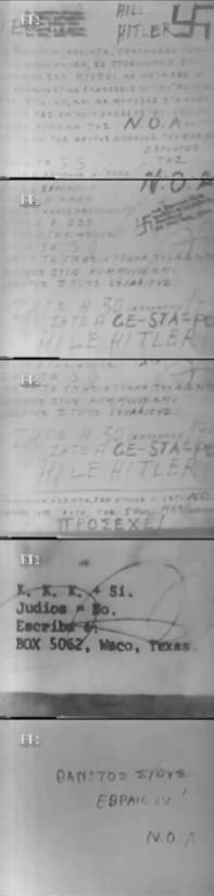 Απειλητική επιστολή εναντίον του απόστρατου (ΕΔΕΣίτη) στρατηγού Νικόλαου Κοσίντα, με υπογραφή ΝΟΑ, "Ναζιστική Οργάνωσις Αθηνών, παράρτημα της Κου Κλουξ Κλαν". Από την ταινία "100 ώρες του Μάη" των Δήμου Θέου και Φώτου Λαμπρινού, 1963-1964. Ο Κοσίντας απειλήθηκε από την ΝΟΑ-ΚΚΚ να μην μιλήσει στην εκδήλωση την ημέρα της επετείου της εισβολής των ναζί στην Αθήνα, της "Πανελληνίου Ενώσεως Θυμάτων Γερμανικής Κατοχής Ο Φοίνιξ", μιας οργάνωσης που αγωνιζόταν για την αναγνώριση της (πραγματικής) Εθνικής Αντίστασης.