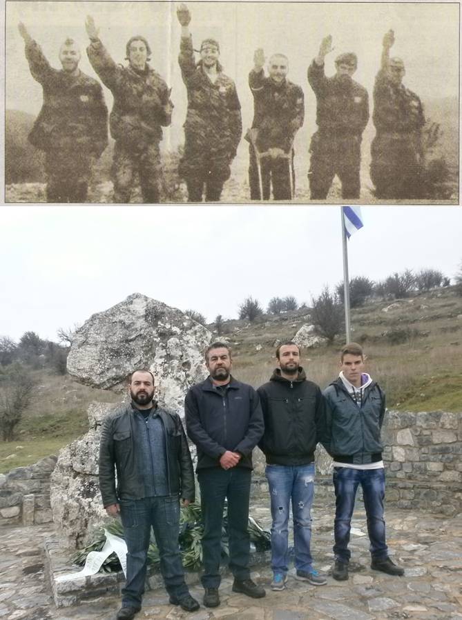 ΕΠΑΝΩ: Βλασένιτσα, αρχές του 1995: Χρυσαυγίτες Ελληνες εθελοντές της ΕΕΦ, Μπέλμπας Απόστολος, Μαυρογιαννάκης Μιχάλης, Σωκράτης Κουσουμβρής, Κώστας και άλλοι. ΚΑΤΩ: Η ηγεσία της τοπικής οργάνωσης Τρίπολης της Χρυσής Αυγής. Ο γραμματέας της ΤΟ Τρίπολης της Χρυσής Αυγής, Μπέλμπας Απόστολος, δεύτερος από αριστερά.